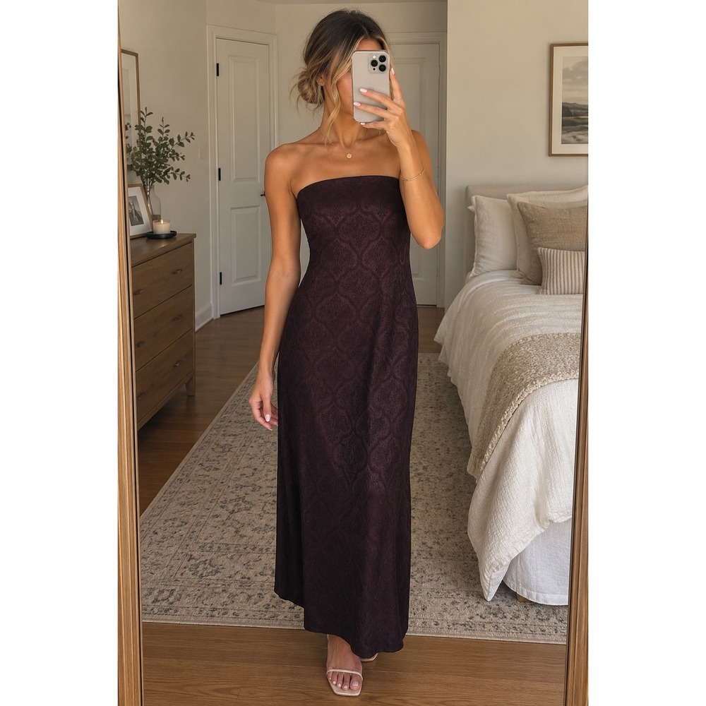 Vintage Carole Little Strapless Maxi Dress Burgundy Damask Paisley Size 10